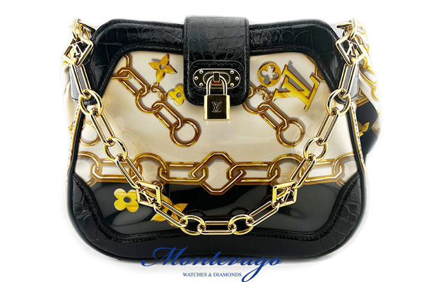 Immagine di LOUIS VUITTON WHITE MONOGRAM CHARMS LINDA ALLIGATOR TRIM CHAINS BAG